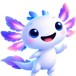 Axio, le compagnon NSQ®, un petit axolotl blanc aux branchies violettes, qui fait signe de la main.