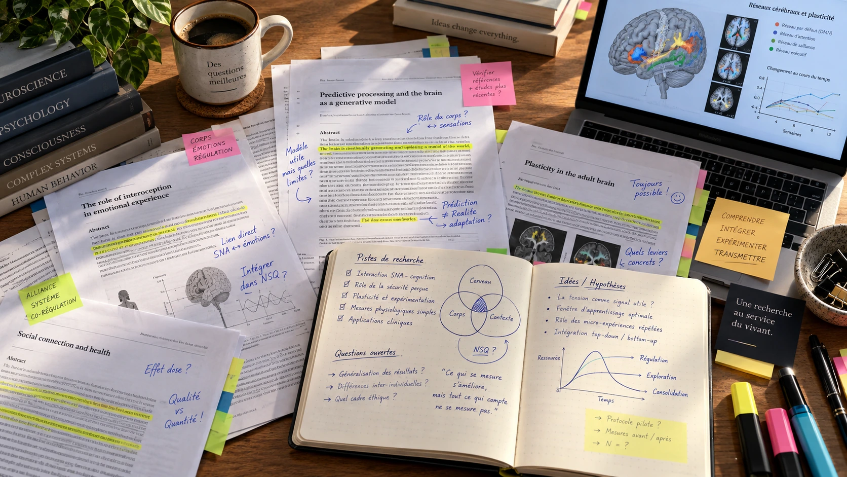 Table de travail du Lab : tirages d'articles annotés au surligneur, notes manuscrites en marge, carnet ouvert sur des pistes de recherche, et un écran affichant des réseaux cérébraux.