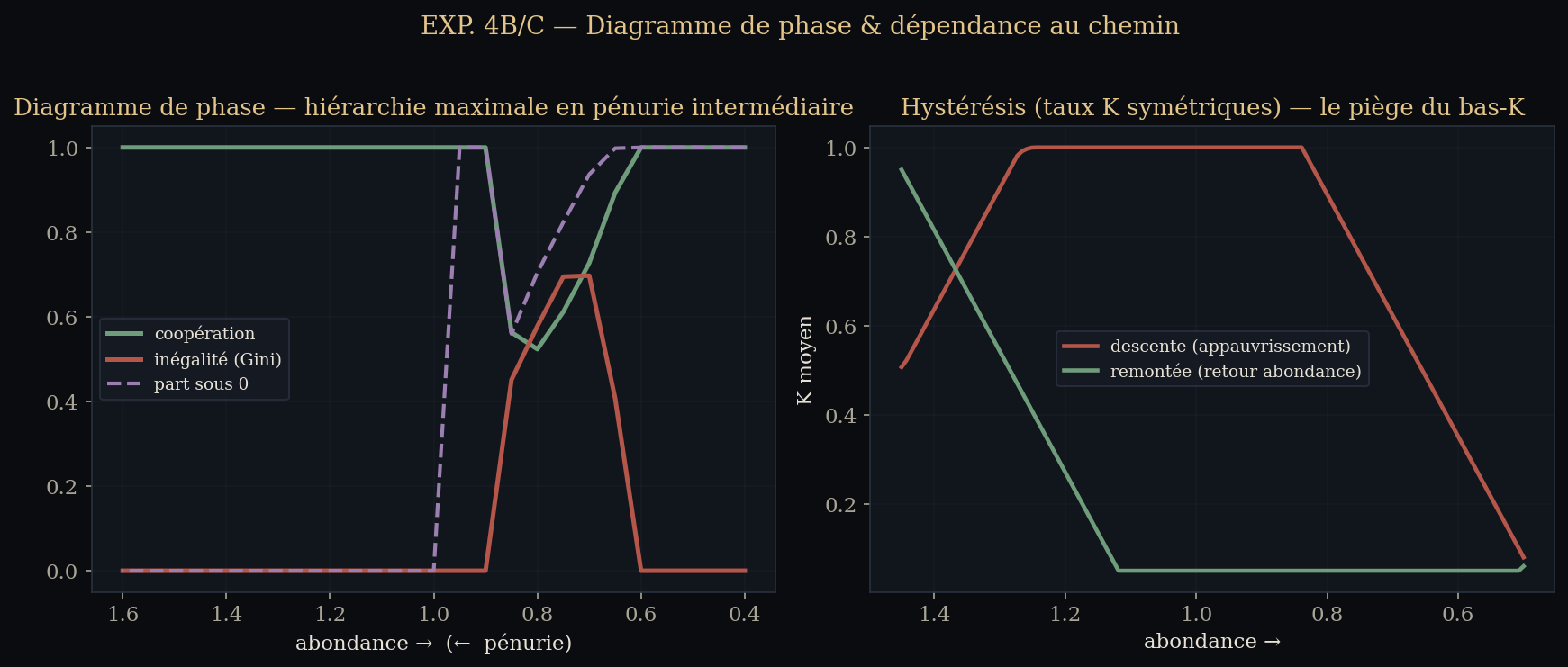 À gauche, le pic d'inégalité en pénurie intermédiaire ; à droite, l'hystérésis : les courbes de descente et de remontée divergent.