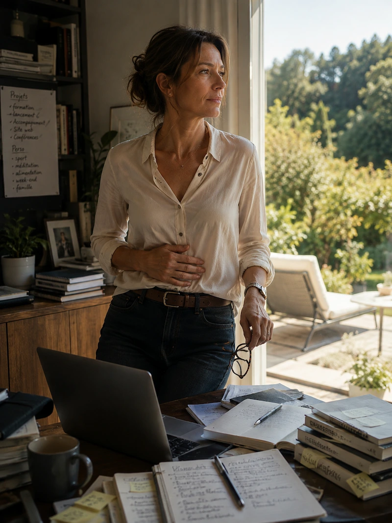 Femme debout dans son bureau, une main posée sur le ventre, le regard tourné vers la fenêtre ; la table est couverte de carnets, de listes de projets et de post-it.