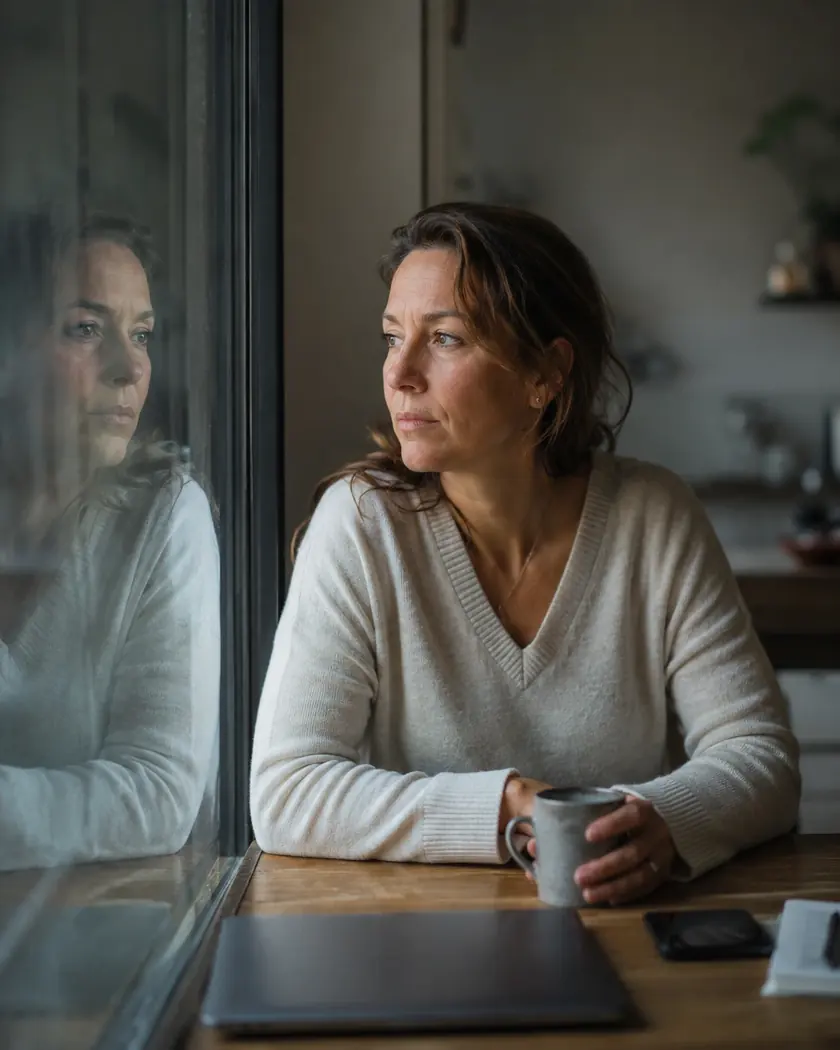 Une femme assise à une table, tasse en main, regard tourné vers la fenêtre où se dessine son reflet.